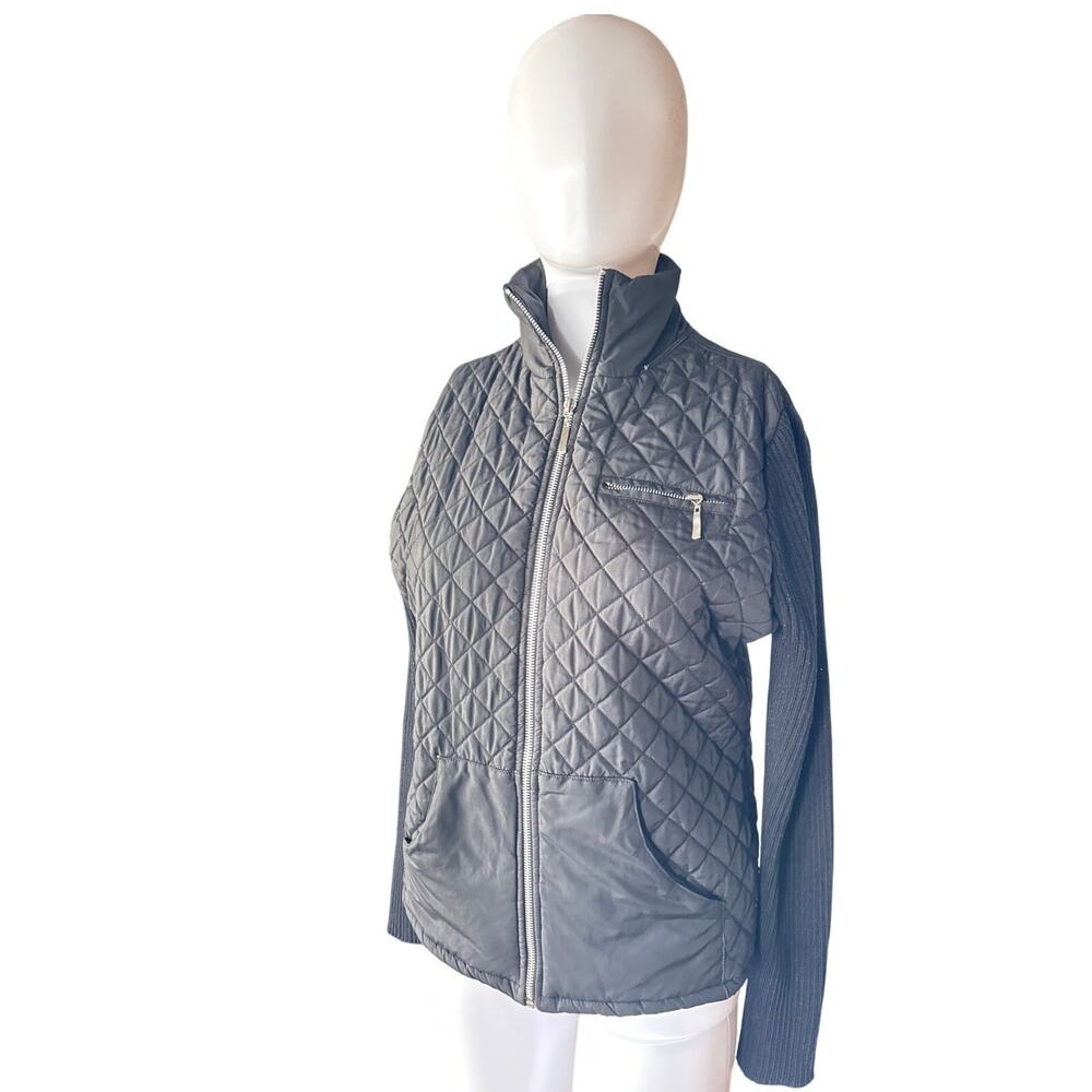San Joy USA Black Quilted Zip Jacket Women’s Medium Knit Sleeves